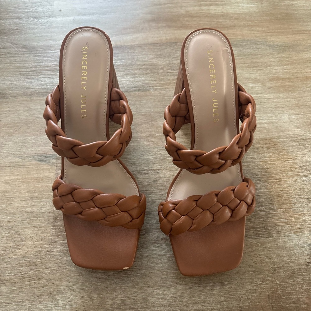 Sincerely Jules Braided Double-Strap Heeled Sandals — Brown